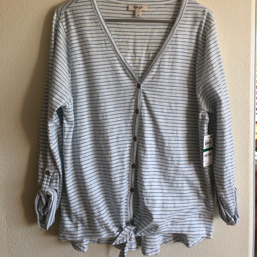 NWT Style & Co. Women’s White/Blue Striped Button Up Top (Size: L) - Picture 2 of 9